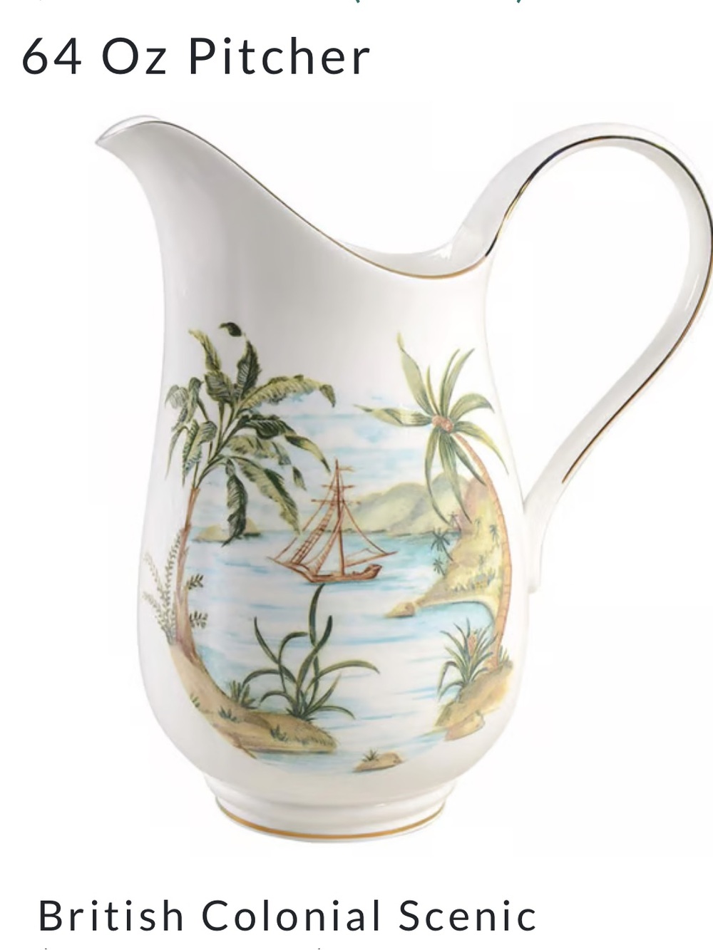 Lenox British Colonial Collection Pitcher with Tropical Sailboat Scene